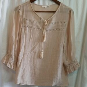 Palm Rio Small Cream Lace-Trim Tassel Peasant Shirt Ruffle Gauzy Boho Fairy Cool